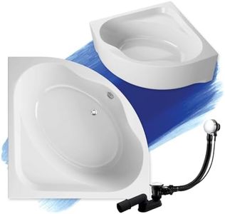 BADLAND Badewanne Original Weiß Acryl Wanne Eckbadewanne STANDARD 150x150 KOMPLETTSET SET mit Weiß Acrylschürze + Füßen und Exklusive Chrom Automatik Ablaufgarnitur Made in EU 4in1