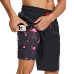 Arcweg Men's Swim Shorts Long Length Swimming Trunks with Compression Lining 2 in 1 Swimming Short with Zipper Pockets Men's Swim Trunk Quick Dry Double Layer Black+Flamingo2XL(UK)