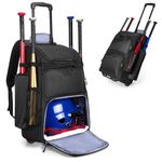 DSLEAF Rolling Baseball Backpack for 4 Bats, Wheeled Softball Equipment Bag with Separate Shoe Space and Multiple Pockets for Baseball Gear, Fence Hook and Detachable Straps for Easy Carry