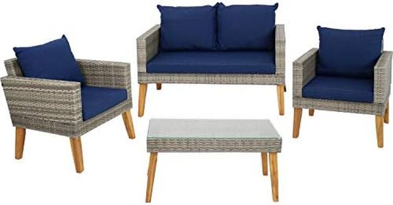 Sunnydaze Clifdon 4-Piece Resin Gray Rattan and Acacia Patio Furniture Set - Thick Navy Blue Back and Seat Cushions