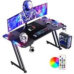 DLONGONE 120 x 60cm RGB Gaming Desk, Large Gaming Table for Laptop, Home Office Desk with Carbon Fiber Coated, Gaming PC Desk with Headphone Hook and Cup Holder, Easy to Assemble, Black