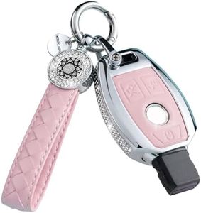 SHANGHONG for Mercedes Benz Key fob Cover with keychain, Leather Crystal Key Case Protector Fit for Mercedes Benz A B C E G K R S Class AMG Smart Remote Key (Pink)
