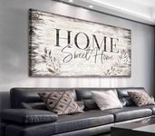 Home Sweet Home Wall Art Sign Large Dark Brown Farmhouse Wall Sign for Living Room Decoration Wooden Board Design Canvas Prints Modern Rustic Artwork Leaf Pictures Wall Decor 50cm x 100cm