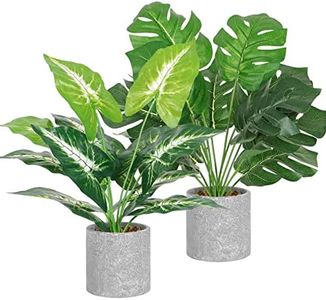 Dremisland 2pcs Artificial Monstera Plants in Pot 16" Tall Faux Potted Plants with Gray Pot Fake Foliage Greenery Plants for Office Desk Coffee Shelf Table Bathroom Bedroom Indoor Décor