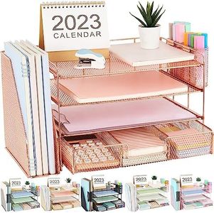 gianotter Paper Letter Tray Organizer with File Holder, 4-Tier Desk Accessories & Workspace Desk Organizers with Drawer and 2 Pen Holder for Office Supplies (Rose Gold)