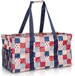 Lucazzi Extra Large Utility Tote Bag - Oversized Collapsible Reusable Wire Frame Rectangular Canvas Basket With Two Exterior Pockets For Beach, Pool, Laundry, Car Trunk, Storage - Patriotic Americana