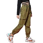 Rolanko Girls Cargo Pants with Belt Kids Streetwear Trousers Boys Hip Hop Dance Jogger Army Green