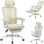 Ergonomic Office Chair with Footrest, Ergonomic Desk Chair with Adjustable Lumbar Support, High Back Mesh Office Chair with Headrest, Executive Office Computer Chair 360 Swivel Task Chair Cream