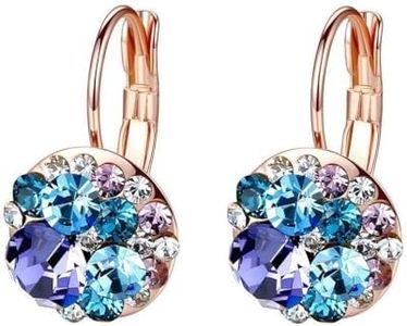 Multicolored Austrian Crystal Drop Earrings for Women 14K Gold Plated Hypoallergenic Leverback Hoop Earrings