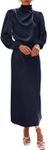 BTFBM Women's Mock Neck Satin Dress Elegant Long Sleeve Elastic High Waist Formal Wedding Cocktail Party Maxi Dresses(Solid Navy, Medium)