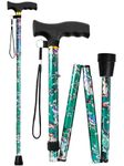 Easy Folding Walking Sticks for Women - Folding Extendable Walking Stick for Disabled - Adjustable Height Lightweight Walking Canes for Ladies Collapsible Walking Stick Non Slip Handle - Green Floral