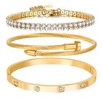 A D. ALLEN & DANMI. 18 K Gold Plated Love Bangle Bracelet Set Flexible Wide Wristband Bangle Bangle Set for Love, Medium, Stainless Steel, Cubic Zirconia