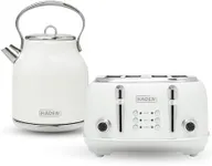 Haden Heritage Stainless Steel Body Retro Electric Tea Kettle, White and Haden Heritage 4 Slice Wide Slot Stainless Steel Retro Toaster, White