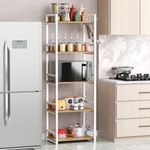 Lukzer | MKR-005 | White | 5-Layer Multipurpose Storage Rack – Heavy-Duty Metal & Wood Shelf Organizer with Hooks & Anti-Slip Footpads for Kitchen, Bedroom, Office & Bathroom | 166 x 60 x 39 cm