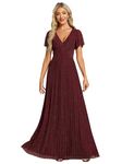 Ever-Pretty Women's Glitter A Line V Neck Pleated Short Sleeve Evening Dress Burgundy 14UK