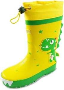 HSYAAMOO Toddler Rain Boots for Kids – Waterproof Rubber Boots with Adjustable Drawstring, Non-Slip Lightweight Outdoor Shoes – Yellow Dinosaur, Size 2-3 Big Kid
