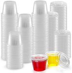 Simple Craft (1 Ounce, 100 Cups Clear Halloween Jello Shot Cups with Lids - Plastic Portion Cups - Condiment Containers - Disposable Jello Cups for Slime, Candies, Sauces, Salad Dressings, Puddings