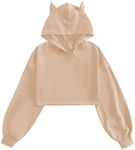 WDIRARA Girl's Cute Cat Ear Crop Tops Long Sleeve Causal Plain Hoodie Sweatshirt Shirt Khaki 13-14Y