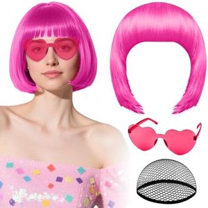 PLULON Rose Red Bob Wig with Heart Sunglasses and Hair Cap for Women, Short Bob Wigs Synthetic Colored Funny Cosplay Hairpieces for Women Men Neon Bachelorette Halloween Costume Party Decorations