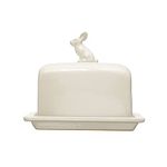 Creative Co-Op Stoneware Butter Dish with Decorative Rabbit, White