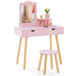 COSTWAY Kids Vanity Table and Stool Set, 2-in-1 Princess Makeup Dressing Tables with Mirror, Drawers & Storage Shelf, Wooden Children Study Desk for Toddlers (Pink)