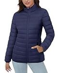 MAGCOMSEN Ladies Ultra-light Full-Zip Puffy Jackets Water-Resistant Winter Stand-Collar Quilted Coat, Navy Blue M