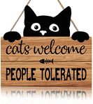 Black Cat Decor Funny Cat House Wooden Plaques Welcome Door Sign (10X11 inch) Kitty Kitten Footprint Hanging Signs Wall Art Sign Cute Animal Print Cat Themed Gifts for Pet Shop Cat Home Decor