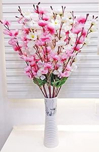 ARTSY Polyester Artificial Flowers For Decoration Cherry Blossom Flower Bunch For Vase, Home Decor, Artificial Plant, Gift, Craft, Without Vase, Combo, Pack Of 2 Pieces, White Babypink 55 Cm Height