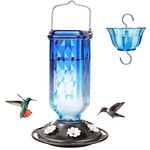 Kingsyard Glass Hummingbird Feeder for Outdoor Hanging, 24 Ounces, 6 Feeding Ports, Bird Nectar Feeder for Garden Décor, Ant Moat Included, Blue