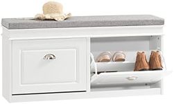 SoBuy Hallway Shoe Bench Shoe Rack Shoe Cabinet with Seat Cushion and 2 Flip-drawers White W104 x D24 x H51cm FSR64-W