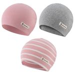 JANGANNSA 3-Pack Newborn Baby Beanie Hats Boys Girls Hospital Hat Infant Toddler Cotton Caps (Pink,Light Gray,Pink Stripe, 7-36 Month)