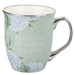 WITH LOVE Inspirational Coffee Mug for Teachers/Mentors Thank You for Helping Me Grow Blue Hydrangea Mint/Cream XL Ceramic Drinking Cup, 14oz.