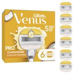 Gillette Venus Pro ComfortGlide Coconut Scented Women’s Blades with Olay Moisturiser, 6 Refill Razor Cartridges, Reusable Metal Handle and Shower Holder