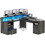YITAHOME L Shaped Desk with Power Outlets & LED Lights, 60” Computer Desk with Drawers & Lift Top, Home Office Desk with Monitor Stand, Height Adjustable Desk with File Cabinet, Grey
