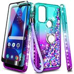 NZND Case for Motorola Moto G Go (AT&T XT2163-7 6.5") with Tempered Glass Screen Protector (Maximum Coverage), Ring Holder/Wrist Strap, Glitter Liquid Floating Waterfall Girls Cute Case (Aqua/Purple)