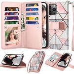 Njjex Wallet Case for iPhone 14 6.1" 2022, for iPhone 14 Case, [9 Card Slots] PU Leather ID Credit Holder Folio Flip [Detachable] Kickstand Magnetic Phone Cover & Lanyard for iPhone 14 [Marble Pink]