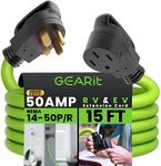 GEARit 50 Amp RV/EV Extension Cord (15 ft) 4-Prong 250-Volt, Compatible with Tesla Model 3/S/X/Y Mobile Charger, NEMA 14-50P to 14-50R 6/3+8/1 STW AWG Gauge Outdoor Waterproof Power Cable - 15 Feet