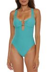 Becca by Rebecca Virtue Women's Standard Line in Sand Bandeau One Piece Swimsuit, Criss Cross, Textured, Bathing Suits, Mineral, Medium