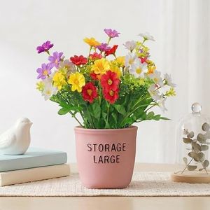 Dekorly Artificial Daisy Fern Multicolor Flower Plant with Pink Decorative Pot (Storage Large) 22 cm | Fake Flower Arrangement for Home Decor Living Room Office Desk Table Centerpiece (1, Daisy Fern)