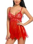 Bunanphy Lingerie for Women Babydoll Nightwear Set Lace Mesh Chemise Sleepwear Dress with Thong Red #A 18-20