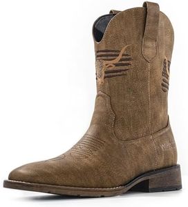 MacePhenoMelon Square Toe Cowboy Boots for Men Classic Western Boots Black Men's Pull On Retro Chunky Short Country Boots UBR-8