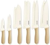 12 Pieces Knife Set, 6 Knives with 6 Blade Guards, Granite Nonstick Ceramic Coated, Professional Chef Knife, Utility, Bread, Utility, Paring, for Home & Restaurant Use Wood Grain Handle, White (White)