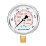 MEASUREMAN 2-1/2" Dial Size, Liquid Filled Hydraulic Pressure Gauge, 0-5000psi/kpa, 304 Stainless Steel Case, 1/4" NPT Lower Mount