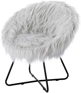 BIRDROCK HOME Faux Fur Papasan Chair with Black Legs - Luxuriously Soft & Lightweight - Wide Cushion Seat for Playroom, or Living Room - Moon Chair - Metal - Fluffy Round Seat - Circle - Grey