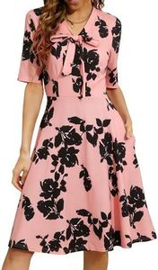 oxiuly Women's V Neck Vintage College Graduation Floral Dresses Church Chic Cocktail Homecoming Party Special Occasion Dinner Date Concert Anniversary Dresses with Pockets OX278 Pink Black F5 L