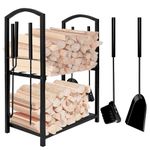 Grandhom Firewood Rack Indoor with 4pcs Fireplace Tools Set,Iron Wood Rack for Firewood Storage,Log Holder for Outdoor Fire Pit and Wood Stove with Poker,Brush,Shovel,Tongs,Black,45x30x74.5cm