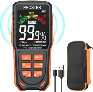 Proster Pinless Moisture Meter - Rechargeable Damp Meter for Walls with LCD Screen Sound Light Alarm Non-Invasive Moisture Detector Detects up to 19mm Dampness Meter for Wall Masonry Hardwood SoftWood