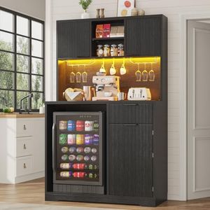 kepptory 72" Mini Fridge Cabinet with Storage, Coffee Bar Cabinet with Mini Fridge, Tall Coffee Bar Station with RGB LED Light, Wine Glass Holder, for Home Kitchen Living Room, Black