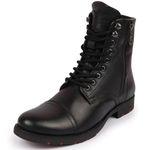 FAUSTO FST FOLMCB-3008 BLACK-42 Men's Black High Top Genuine Leather Hook and 7-Eye Lace Up Side Zipper Cap Toe Classic Flat Boots (8 UK)