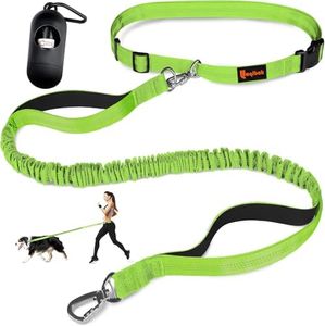 Hands Free Dog Leash, Adjustable Waist Leash for Dog Walking, Dual Handle Bungee Dog Leash 4.2-6.7 Feet Long with Reflective Stitches for Walking Hiking Running, Fits 34-61 Inch Waist, Green